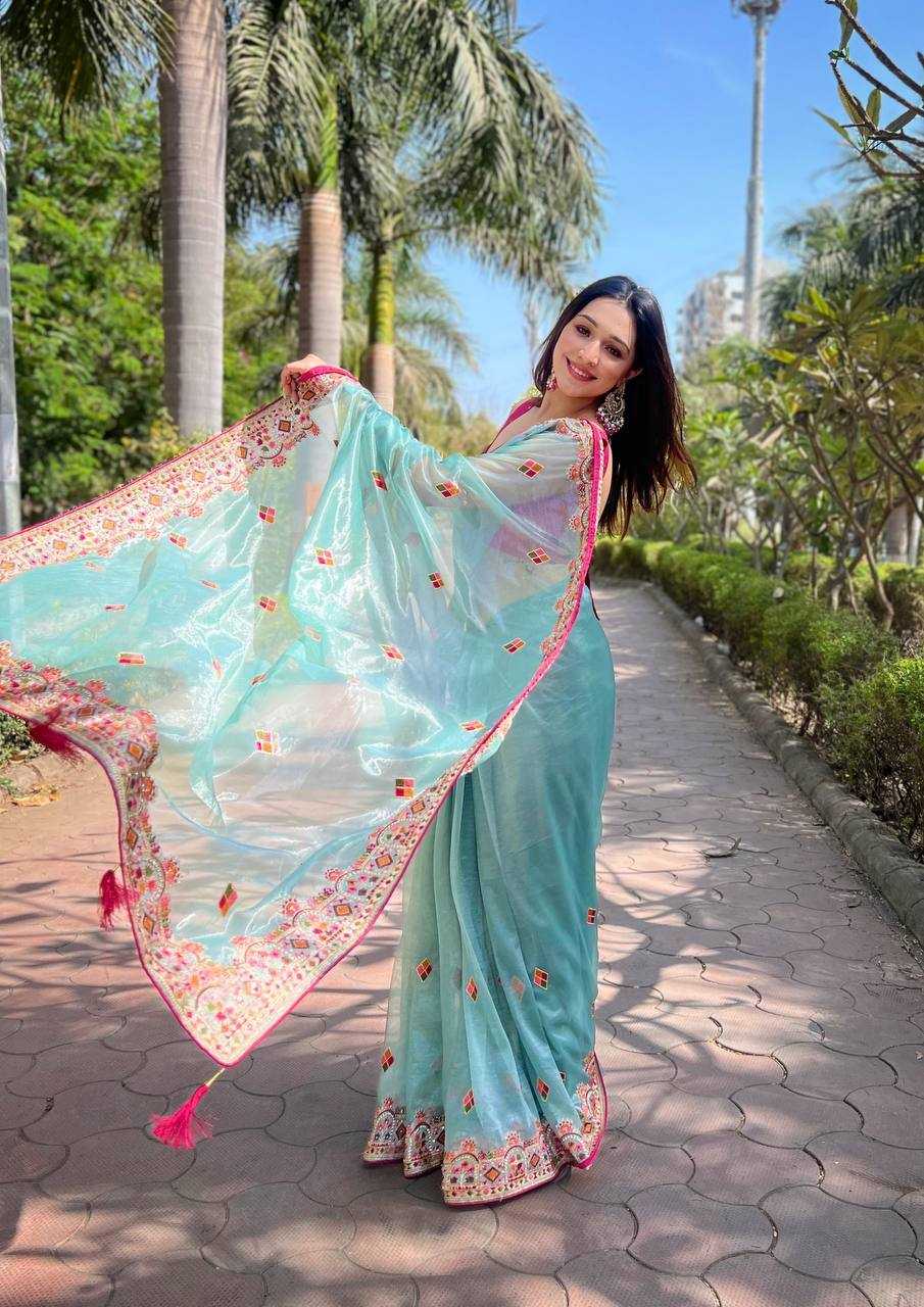 Twill Net  Embroidered Lace Border Stone Work Zari Saree